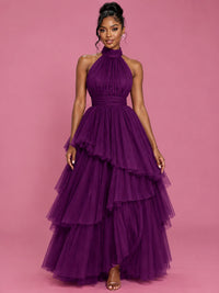 Hot Pink Tulle Halter Neck Tiered Ruffle Maxi Dress