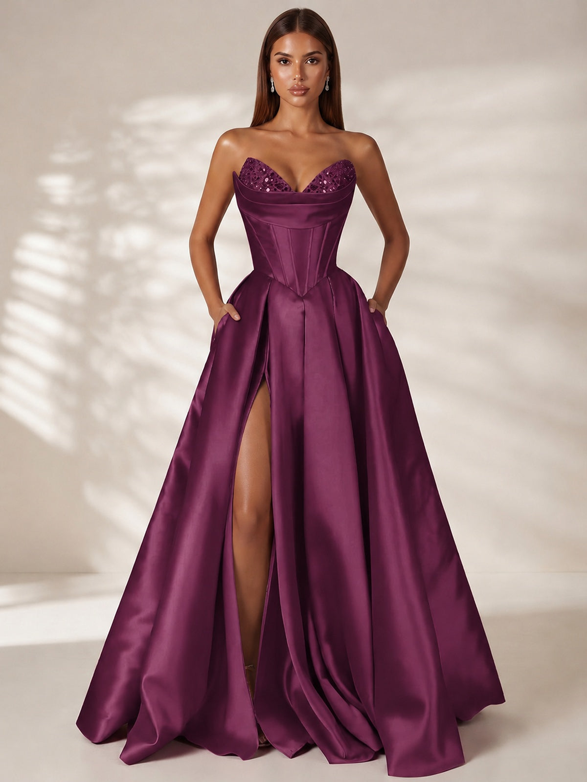 Plum Strapless Corset Satin Prom Dress Long Evening Gown with High Slit