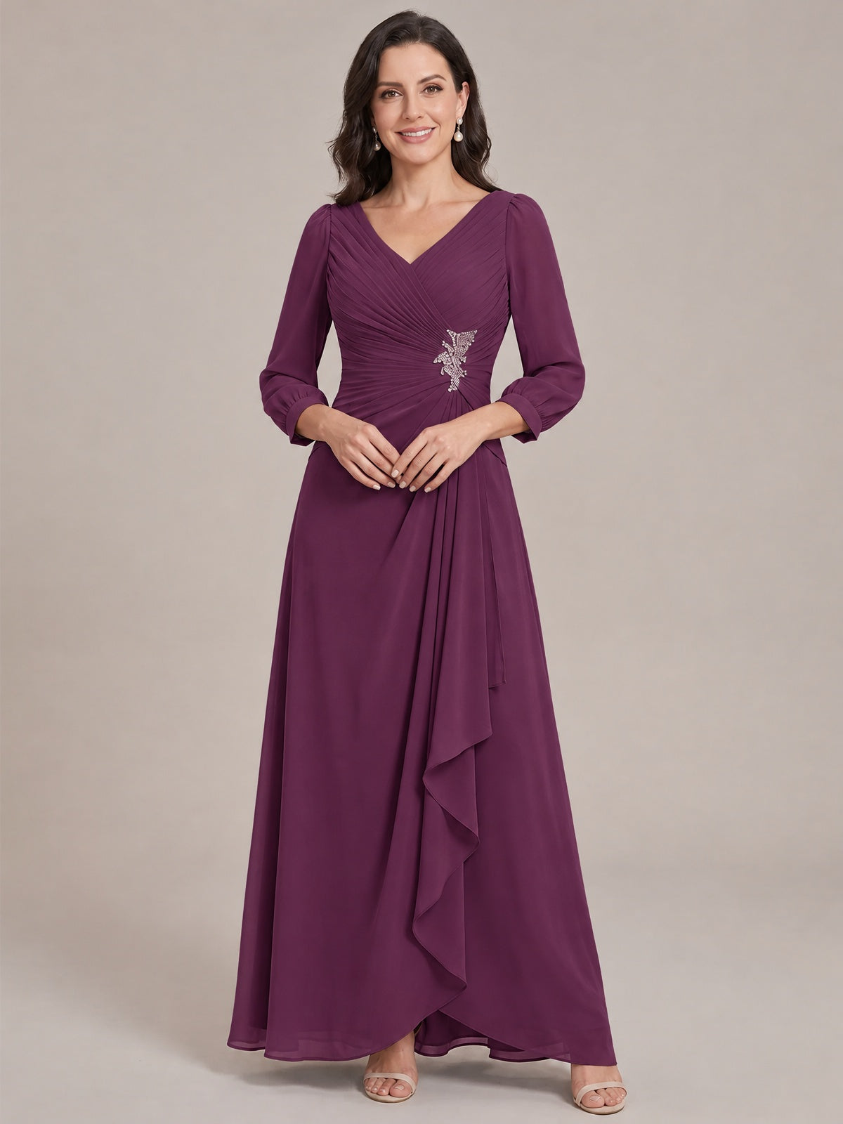 Plum-Long Sleeve Chiffon Beaded Mother of The Bride Dresses for Women
