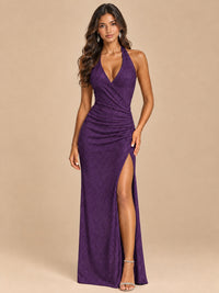 Halter V-Neck Sequin Mermaid Prom Dress with High Slit