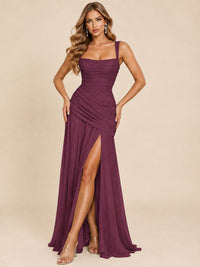 Wrap Pleated Prom Dress Scoop Neck with Slit Women Wedding Formal Dress