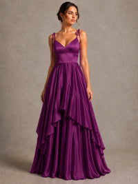 Lavender Satin V-Neck Ruffle Maxi Dress