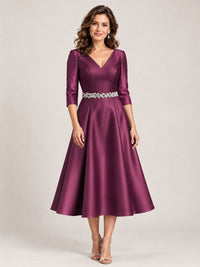 Plum V-Neck Tea-Length Mother of the Bride Dress with Embellished Waist
