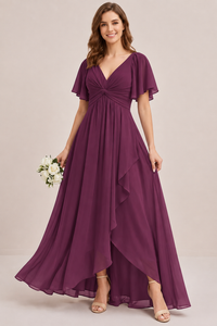 Dusty Blue Chiffon Bridesmaid Dress with Flutter Sleeves & High-Low Hem