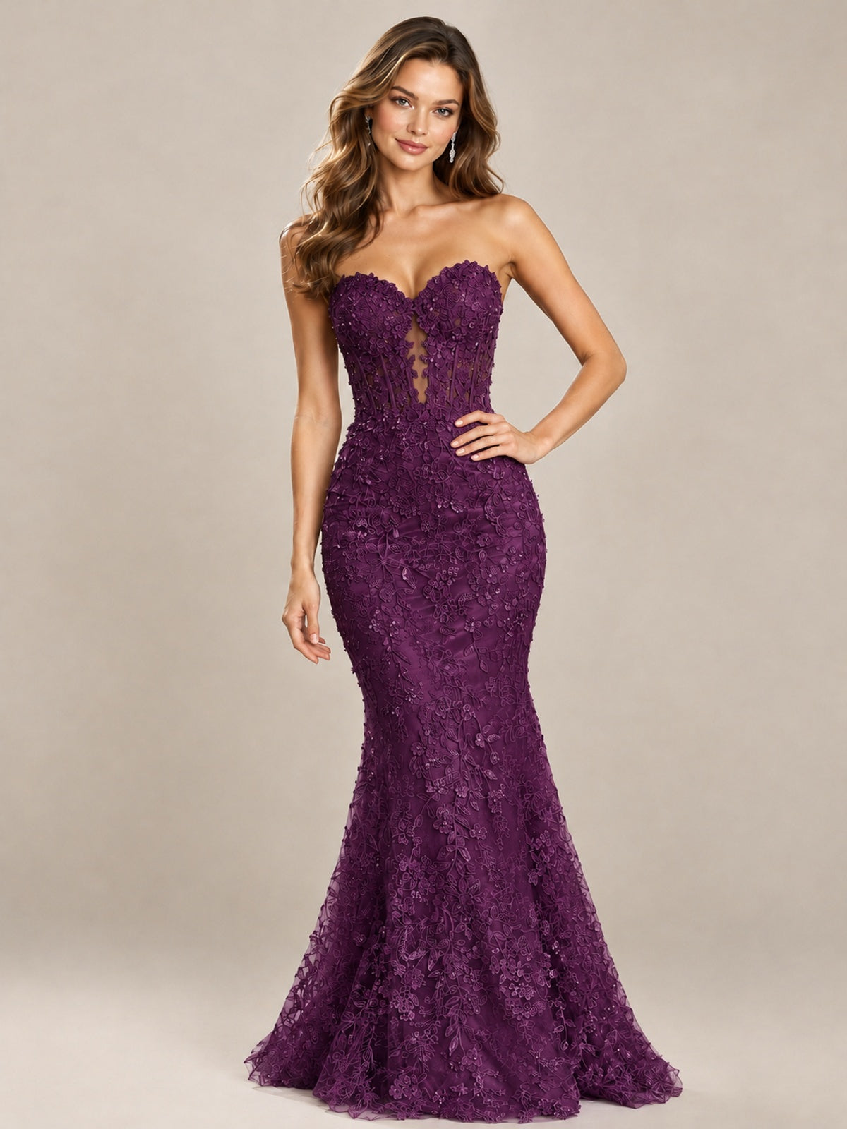 Strapless Corset Mermaid Prom Dress with Floral Lace Appliqué