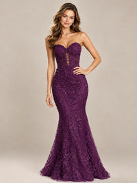 Strapless Corset Mermaid Prom Dress with Floral Lace Appliqué