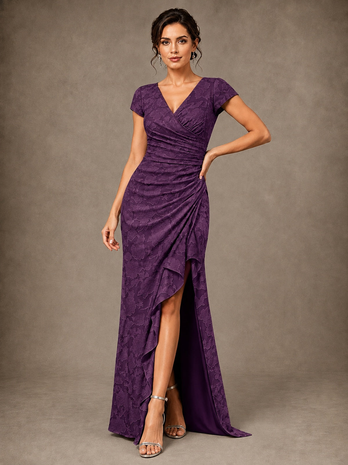 V-Neck Floral Jacquard Mother of the Bride Dress with Slit