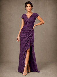 V-Neck Floral Jacquard Mother of the Bride Dress with Slit