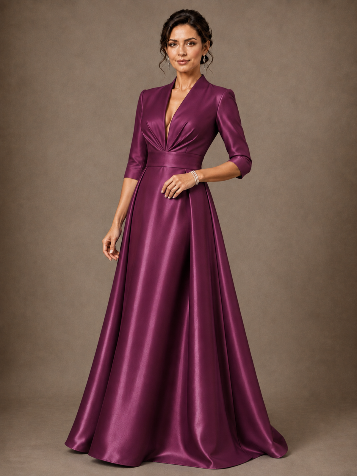 V-Neck Pleated Satin Mother of the Bride Gown with 3/4 Sleeves