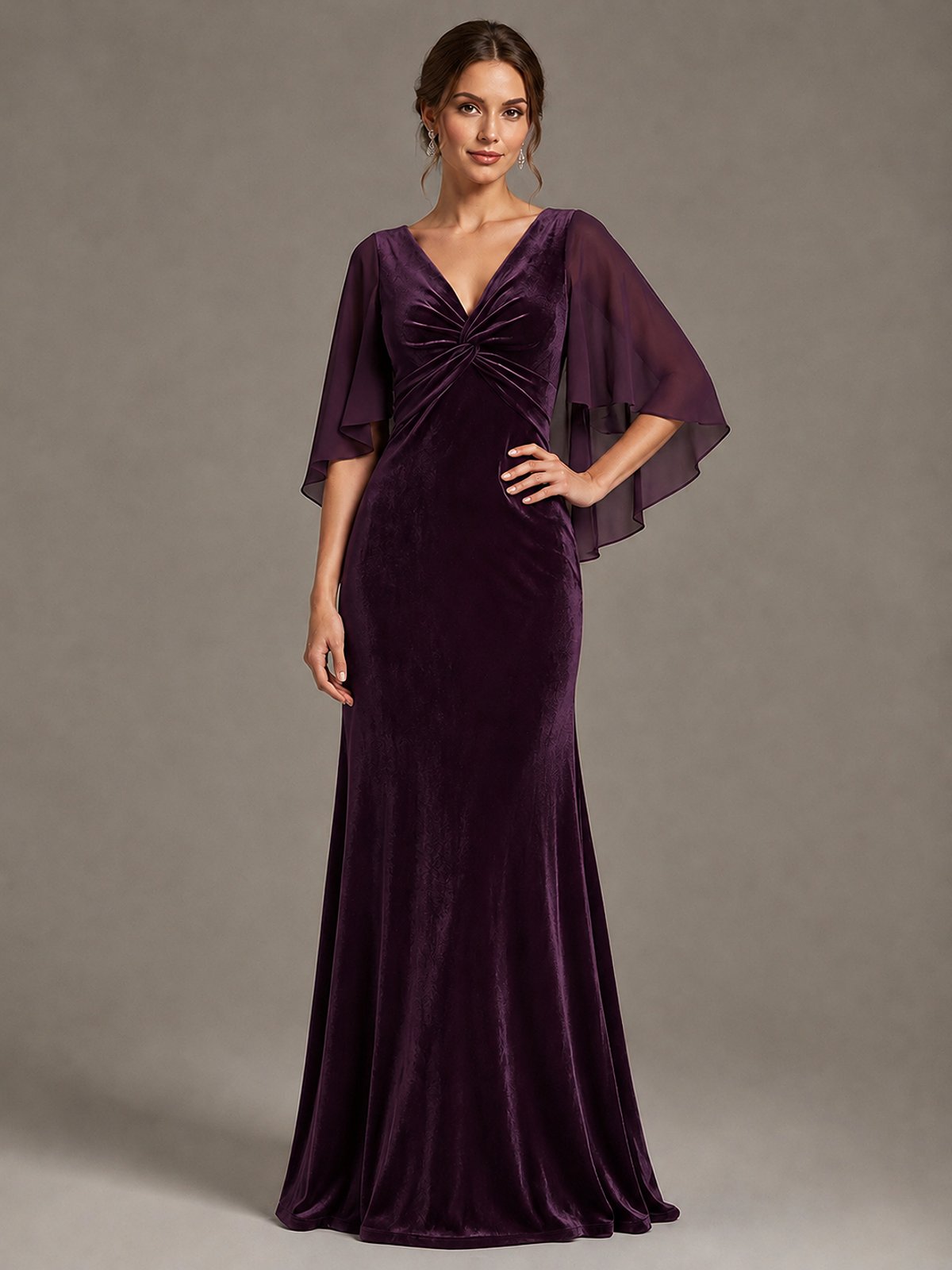 Navy Blue Velvet V Neck Mermaid Formal Dress with Flutter Cape Sleeves