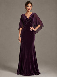 Navy Blue Velvet V Neck Mermaid Formal Dress with Flutter Cape Sleeves