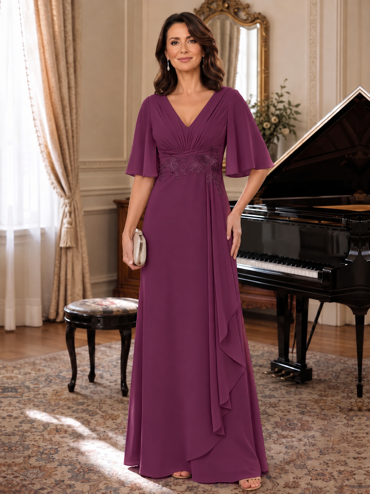 Plum V-Neck Chiffon Lace Mother of the Bride Dresses with Flutter Sleeve A-line Long Ruffled Evening Formal Wedding Guest Gown