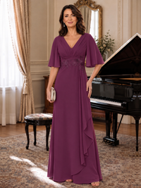 Plum V-Neck Chiffon Lace Mother of the Bride Dresses with Flutter Sleeve A-line Long Ruffled Evening Formal Wedding Guest Gown