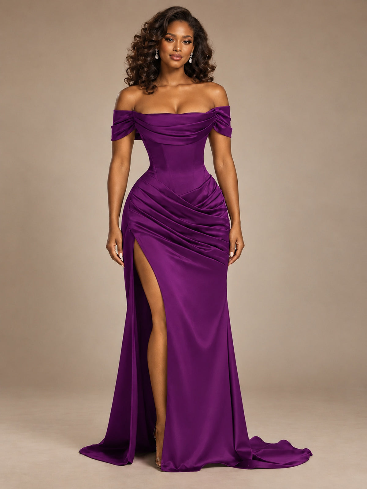 Burgundy Off-the-Shoulder Satin Corset Prom Dress with Slit