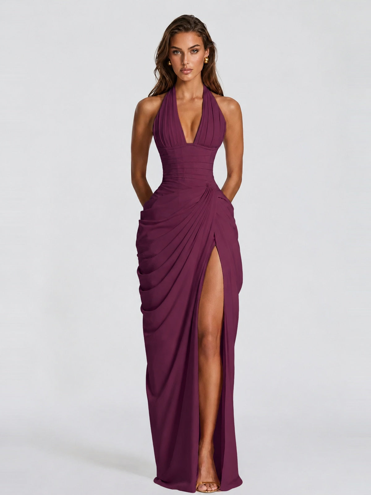 Ruched Halter Neck High-Slit Prom & Evening Dress