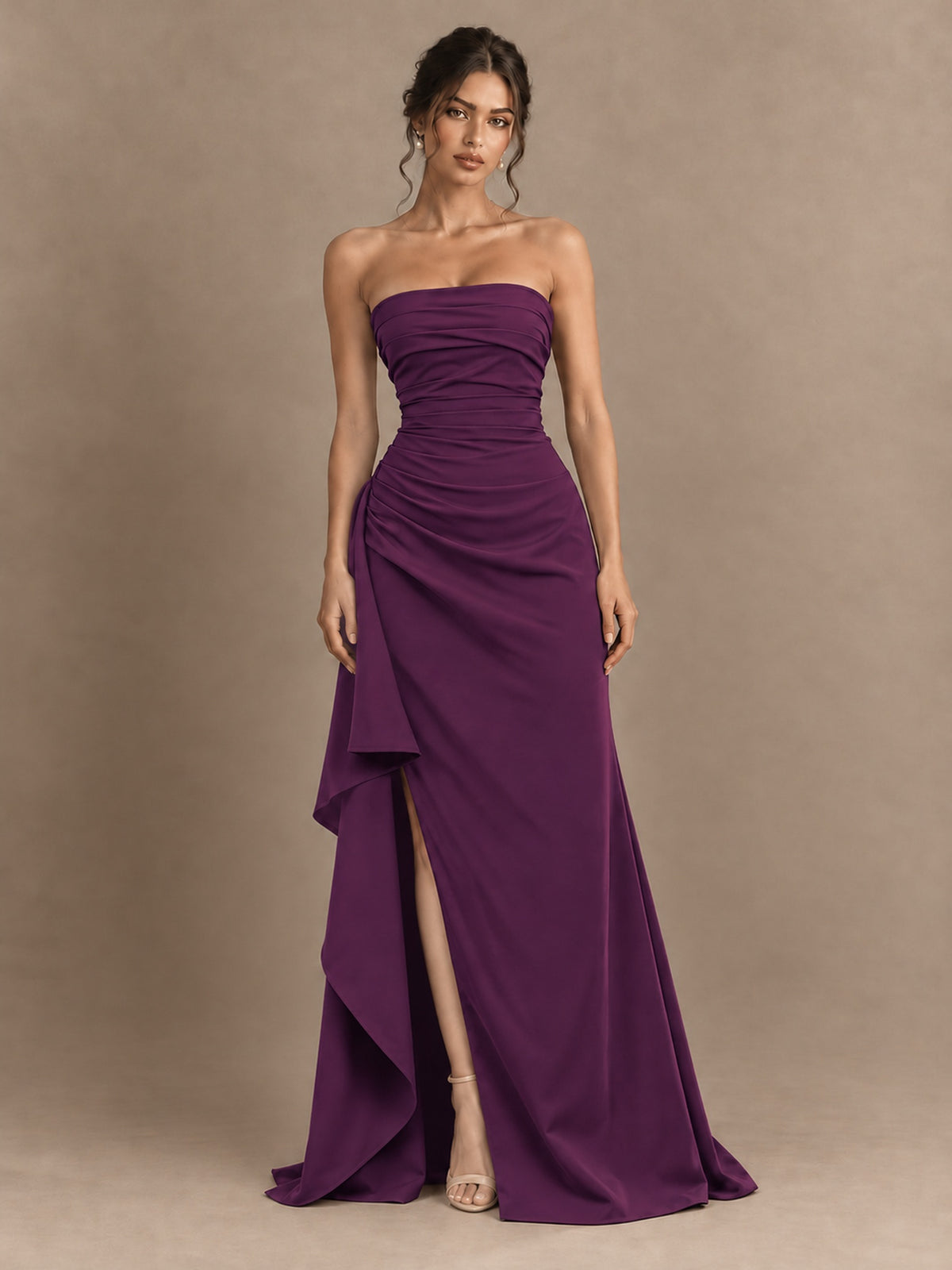 Black and White Strapless Ruched Prom Dress with High Slit & Side Drape