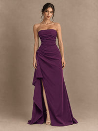 Black and White Strapless Ruched Prom Dress with High Slit & Side Drape