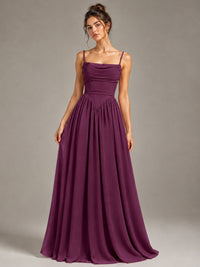 Spaghetti Strap Ruched Chiffon Maxi Dress with Backless