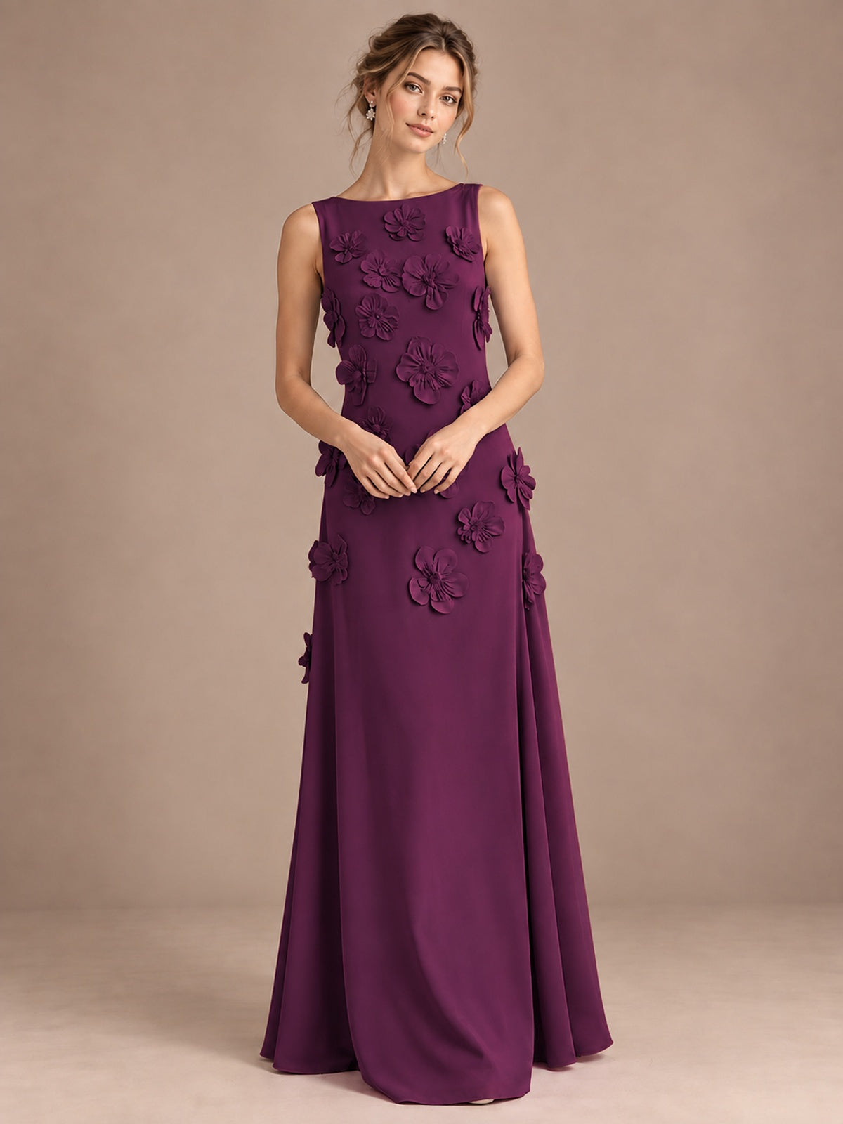 3D Floral Applique Sleeveless Formal Maxi Dress