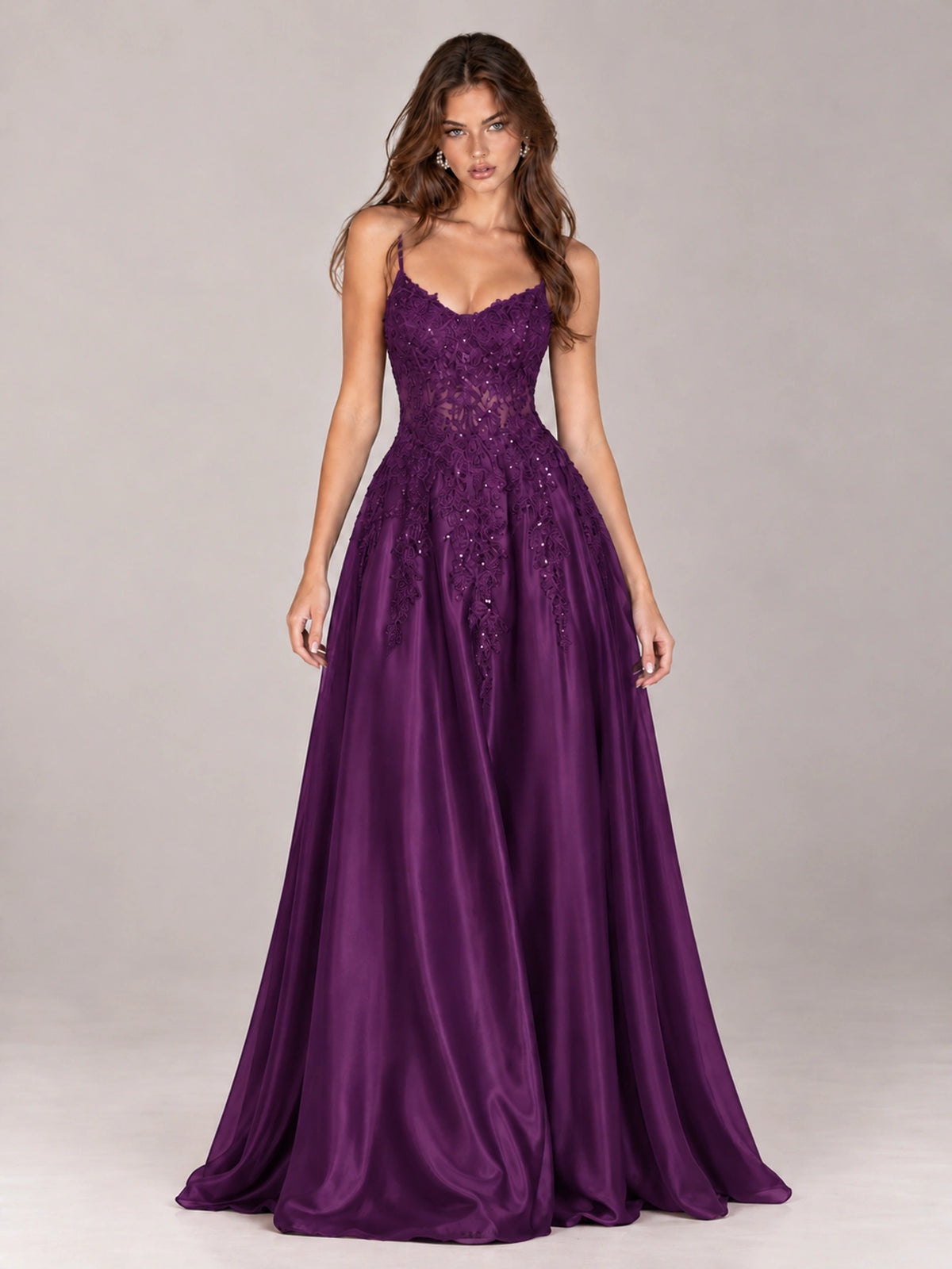 Lace Applique Satin A-Line Prom Dress with Sheer Bodice