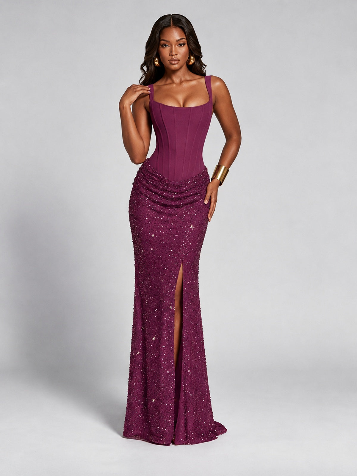 Sequin Corset Mermaid Prom Dress with Square Neck Wide Strap High Slit