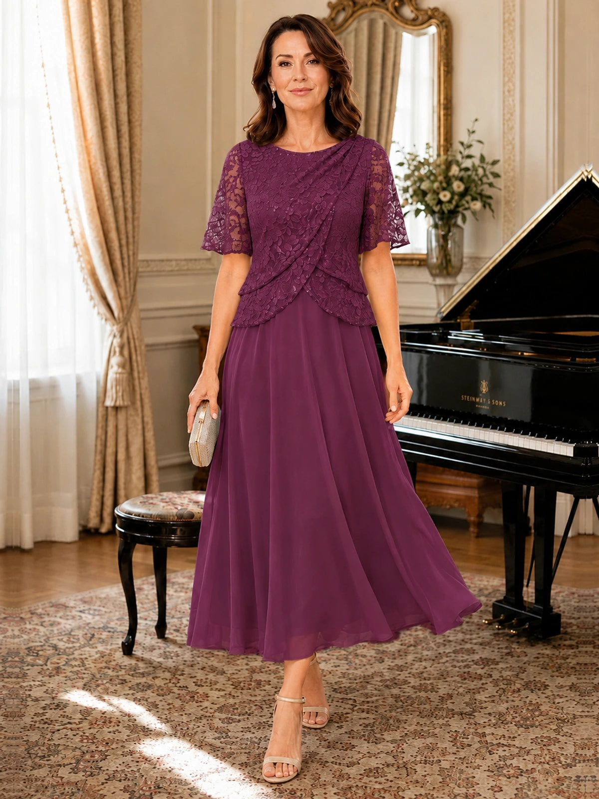 Tea-Length Chiffon Mother of the Bride Dress with Sequin Lace Sleeves