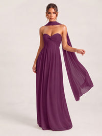 Plum Strapless Ruched Chiffon Long Prom Dress with Scarf A-line Sweetheart Ruffled Formal Wedding Guest Dress Evening Gown