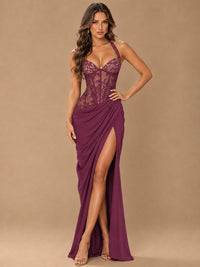 Sweetheart Halter Prom Dress Pleated Lace Floral Formal Dress with Slit