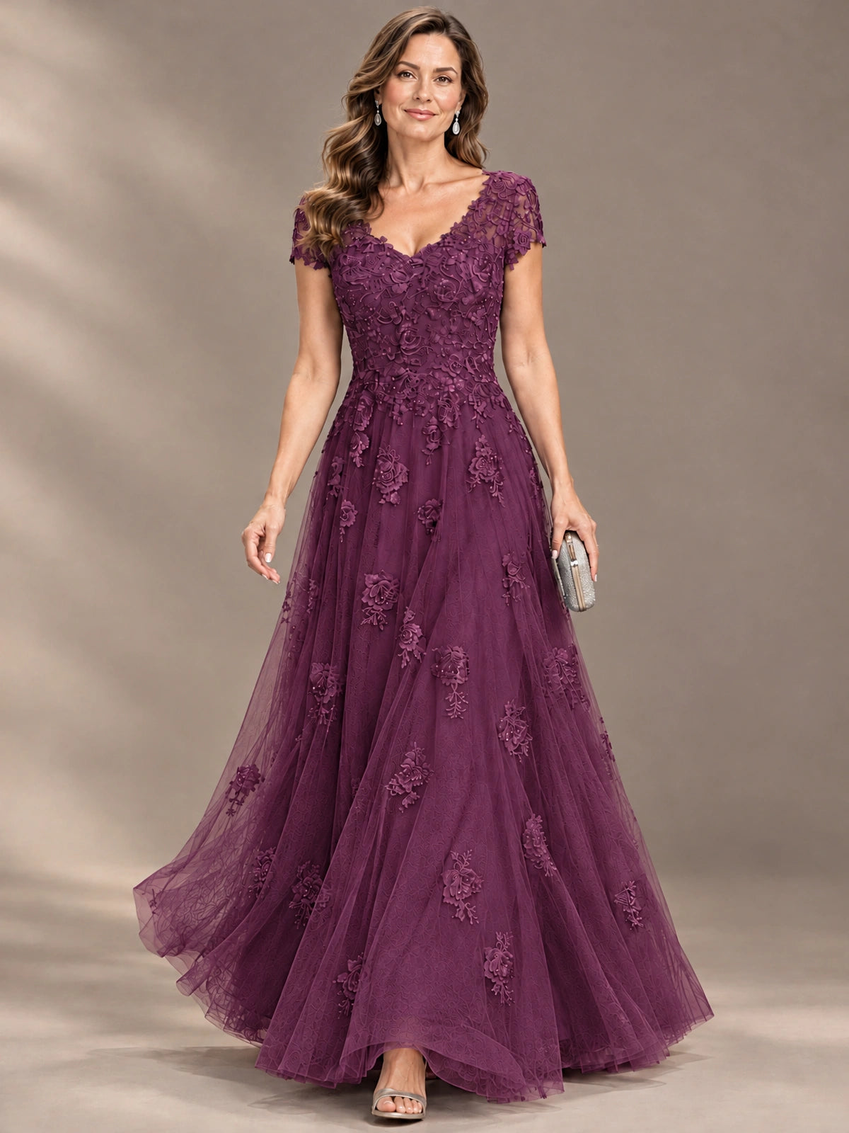 Lace Appliques A-line Mother of The Bride Dresses with Short Sleeves