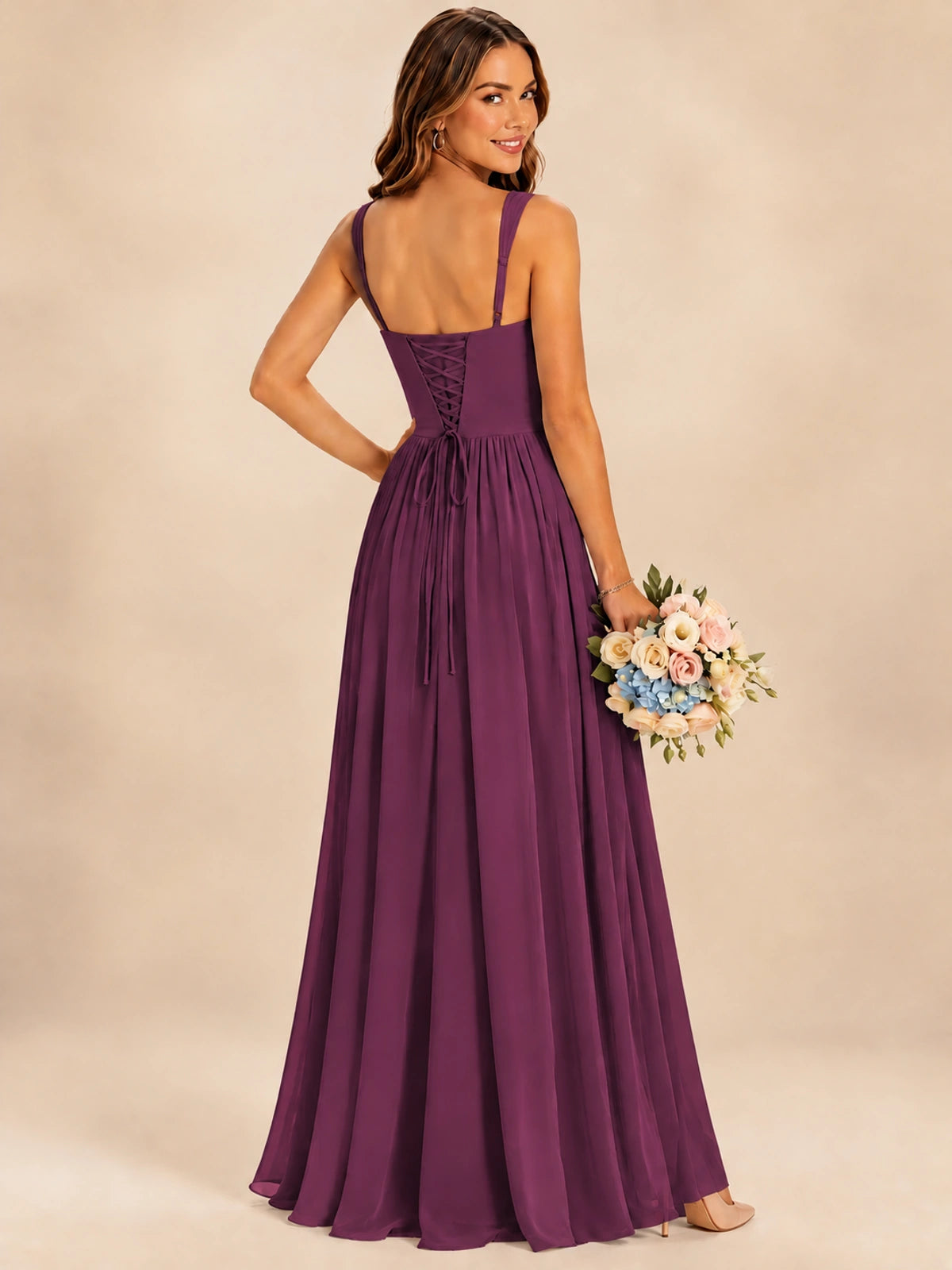 Spaghetti Straps Pleated Chiffon Bridesmaid Dress with Ruffle Slit