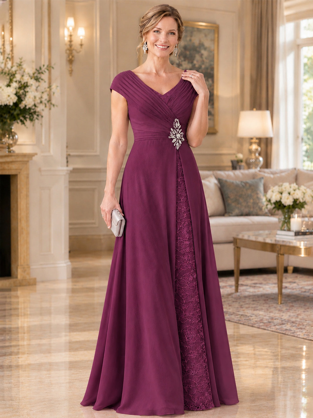 Pleated Chiffon Lace Mother of The Bride Dresses with Beading Cap Sleeves