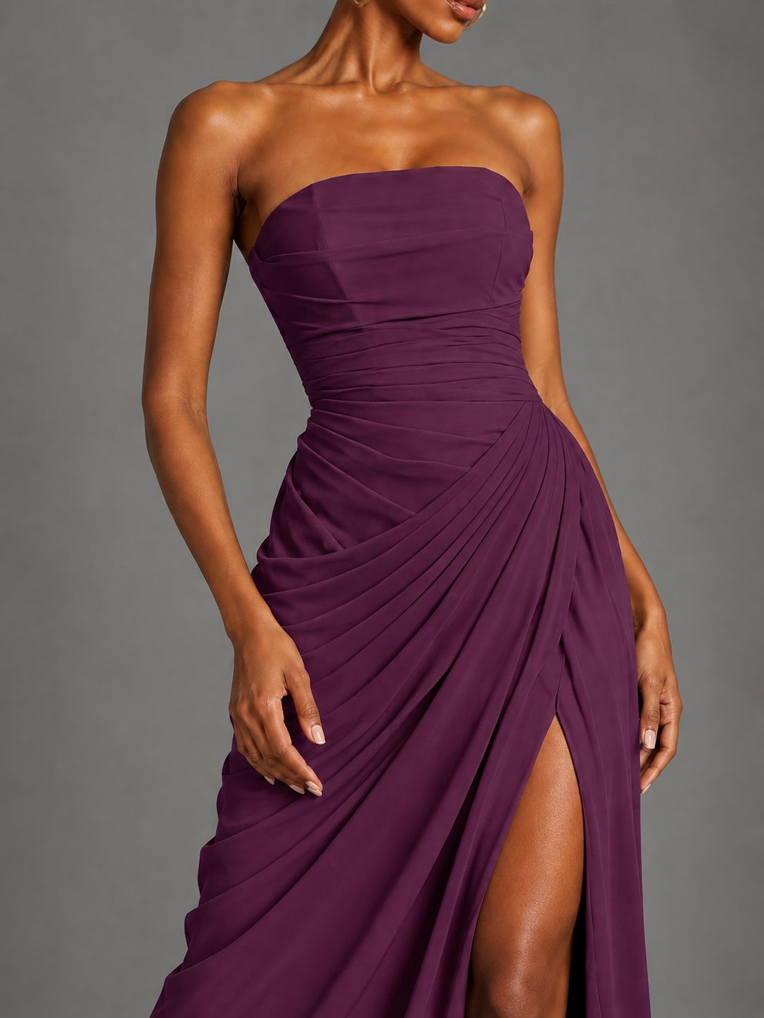Strapless Bodycon Pleated Chiffon Formal Dress with Slit