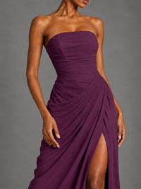 Strapless Bodycon Pleated Chiffon Formal Dress with Slit