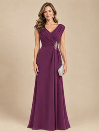V Neck Pleated Mother of The Bride Dresses with Beading Cap Sleeves
