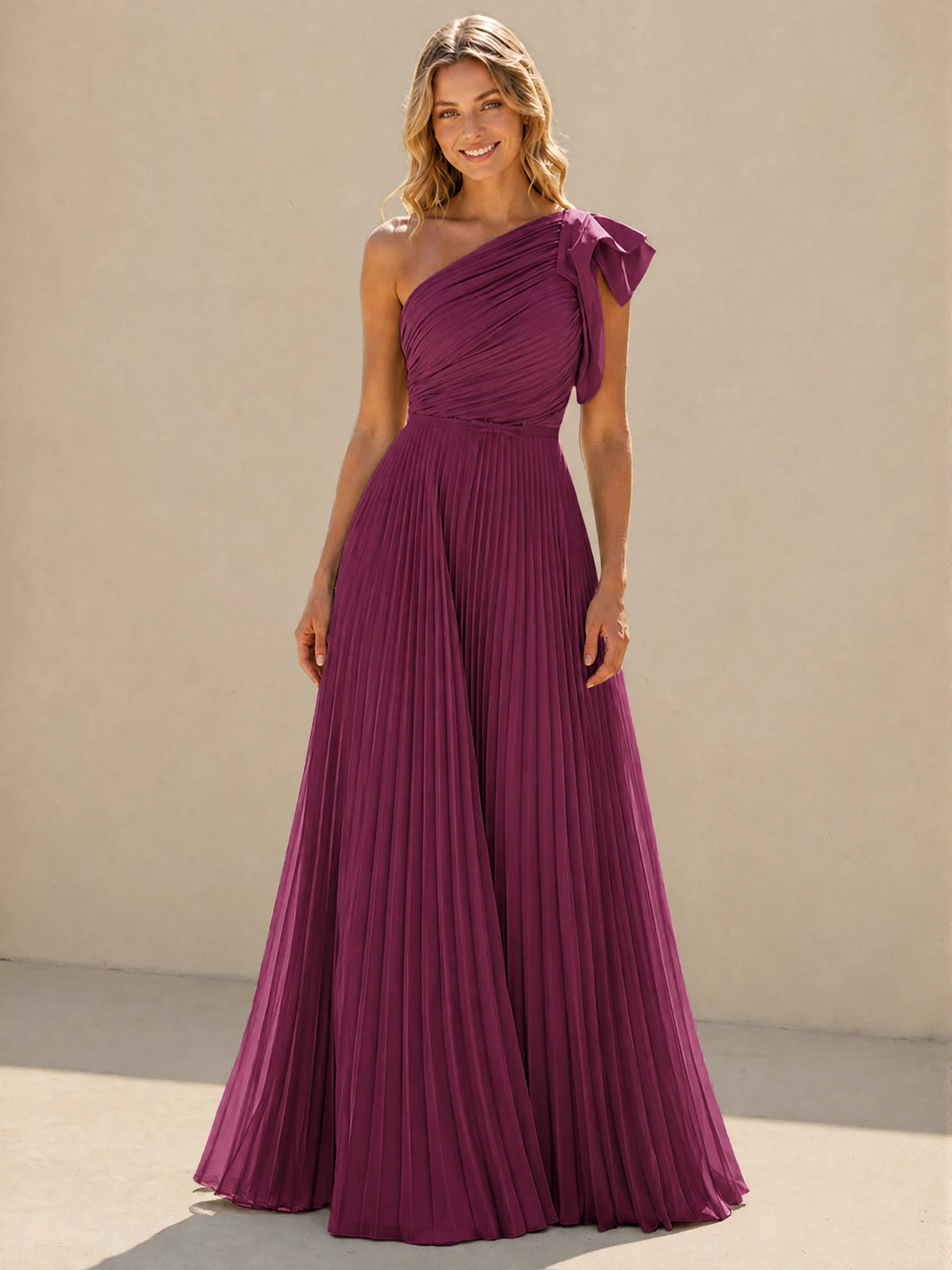 One Shoulder Pleated Chiffon A-Line Floor-Length Bridesmaid Dress