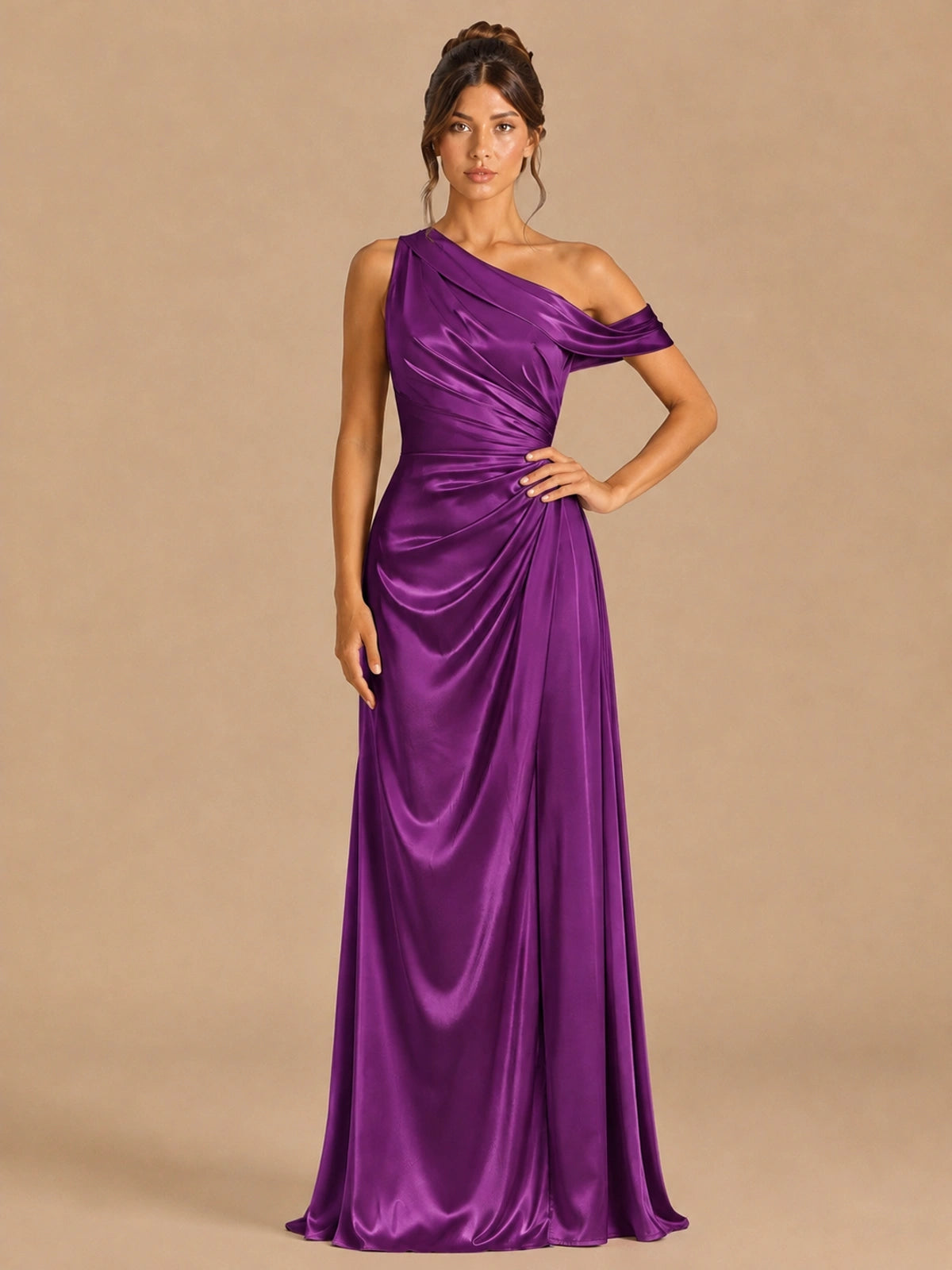 Plum-satin one shoulder prom dress ruched long formal gow Jovelle