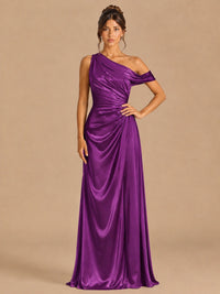 Plum-satin one shoulder prom dress ruched long formal gow Jovelle