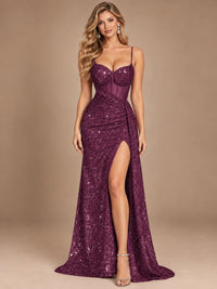 Burgundy Sequin Corset Prom Dress with High Slit