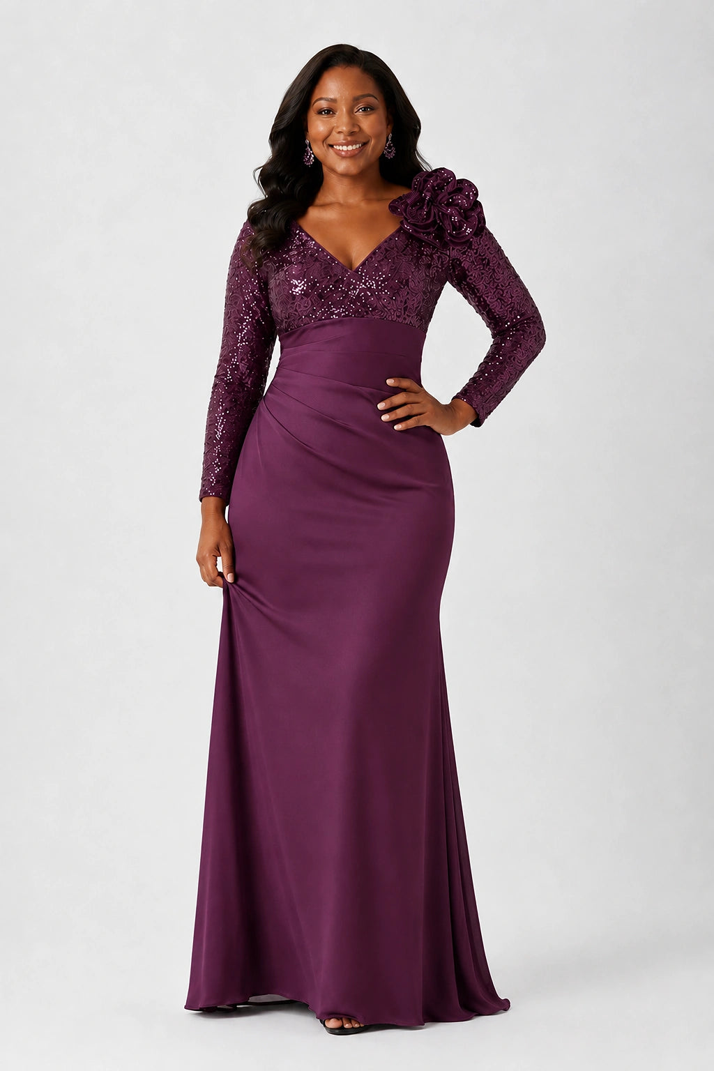Sequin Mother of the Bride Dress with Long Sleeves 3D Floral V-Neck Gown