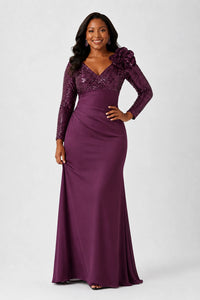 Sequin Mother of the Bride Dress with Long Sleeves 3D Floral V-Neck Gown