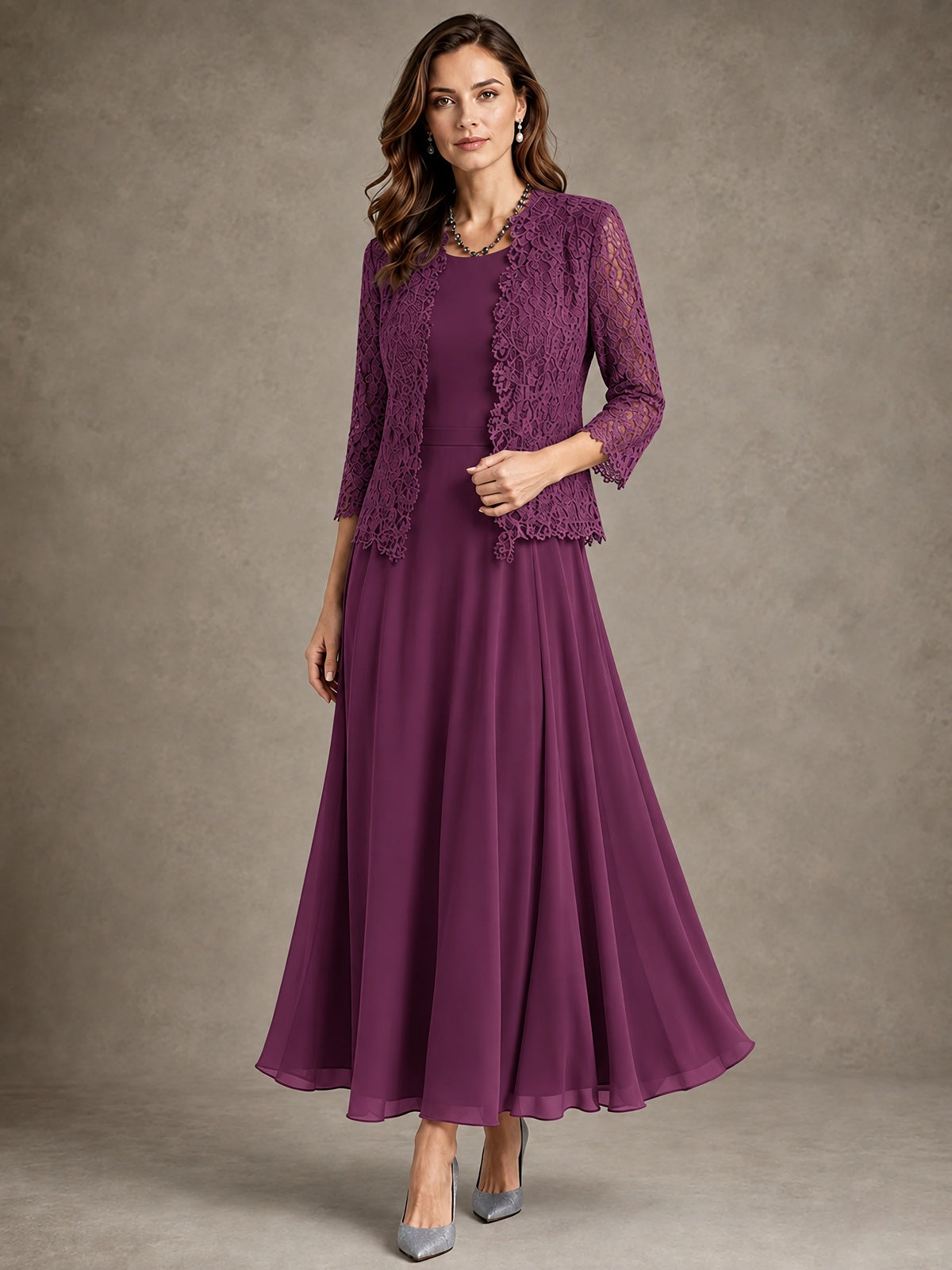 2-Piece Chiffon Mother of the Bride Dress with Lace Jacket