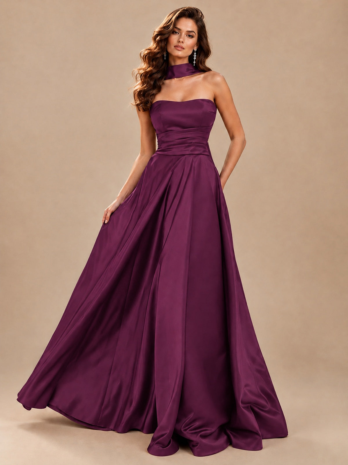 Strapless Prom Dress Side High Slit A-line Formal Dress with Scarf