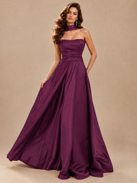 Strapless Prom Dress Side High Slit A-line Formal Dress with Scarf