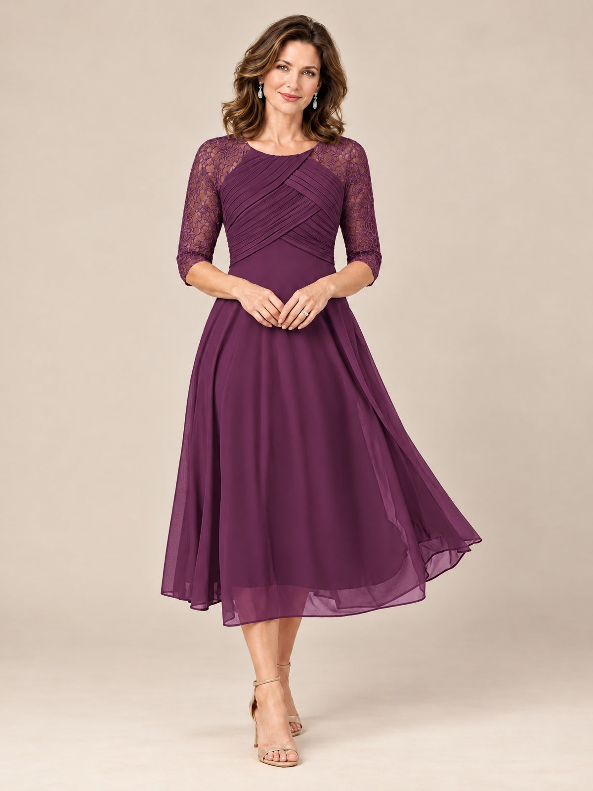 Plum-Lace Applique Pleated Tea Length Mother of The Bride Dresses