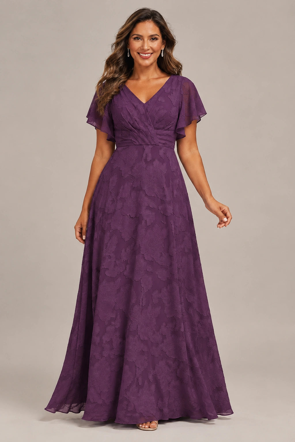 Jovellee Floral Chiffon A-Line Mother of the Bride Dress with Flutter Sleeves