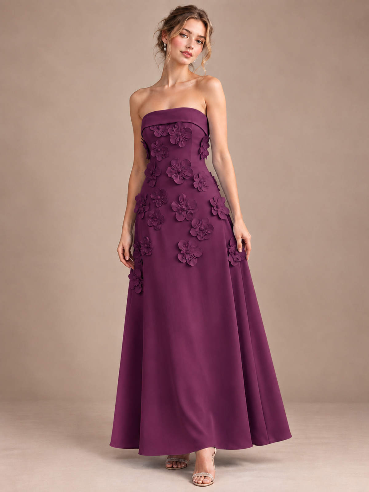 Yellow Strapless 3D Floral Appliques Maxi Dress
