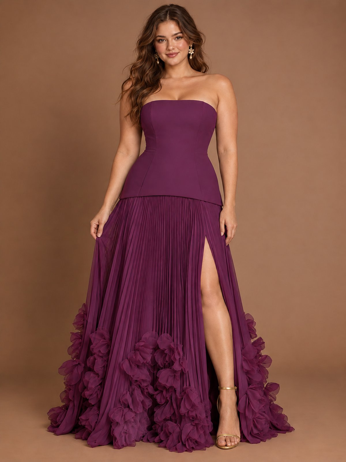 Strapless Pleated Floral Satin Formal Dress with Side Slit