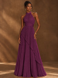 Wrap Pleated Prom Dress Halter A-line Chiffon Formal Wedding Dress