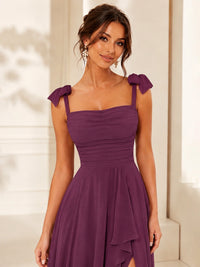 Ruffle Slit Chiffon A Line Scoop Neck Bridesmaid Dresses with Pockets