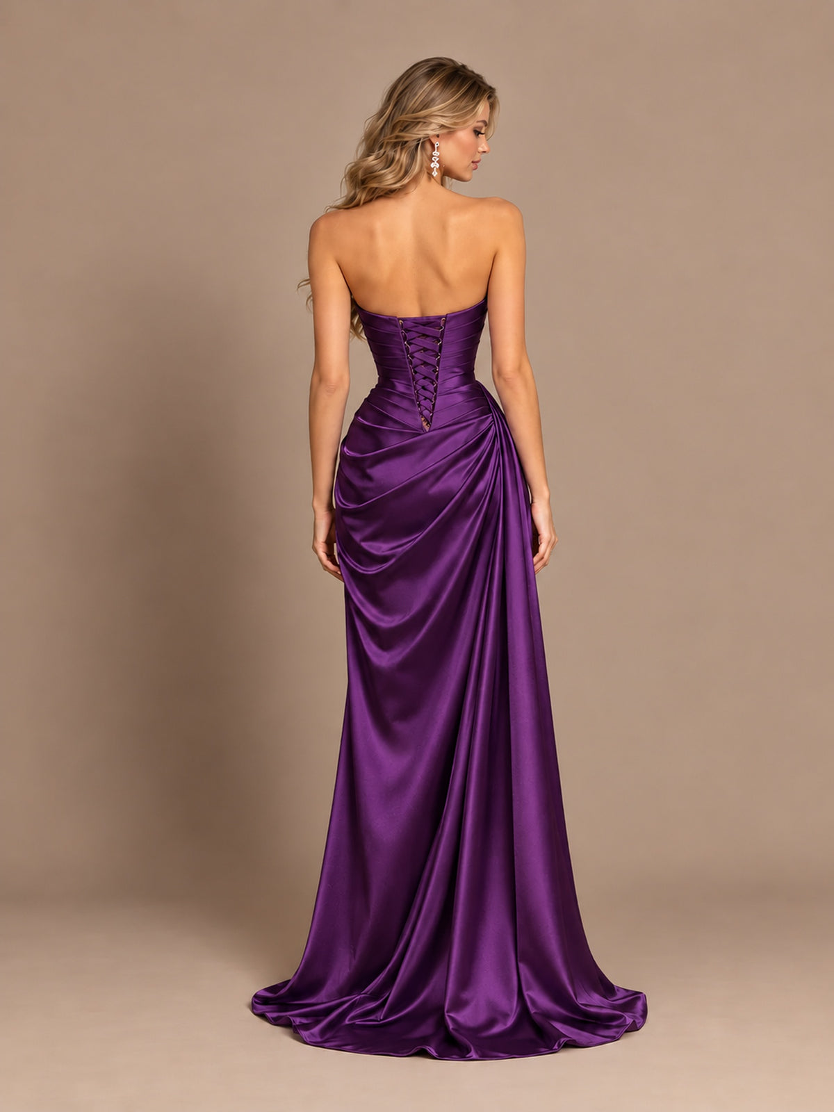 Dusty Blue Strapless Satin Prom Dress with Ruched Bodice and Slit